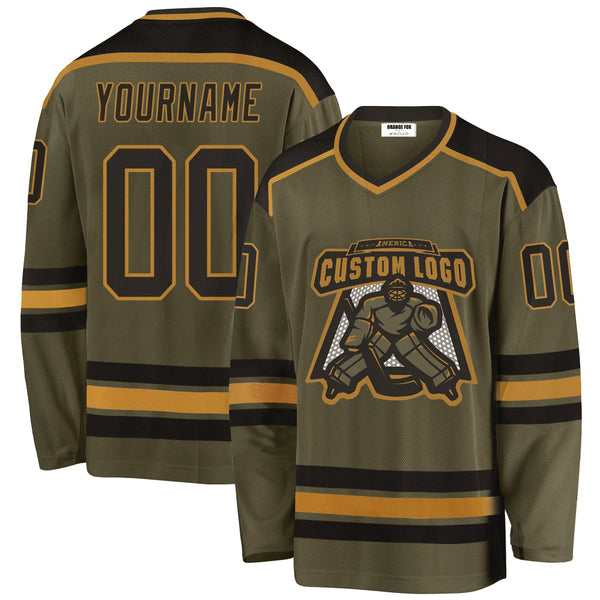 Custom Olive Black-Old Gold Salute To Service V Neck Hockey Jersey For Men & Women