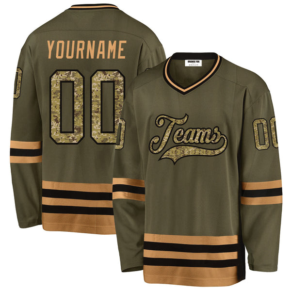 Custom Olive Camo-Old Gold Salute To Service V Neck Hockey Jersey For Men & Women