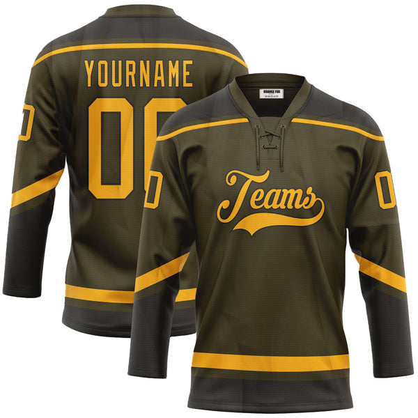 Custom Olive Gold-Black Salute To Service Neck Hockey Jersey For Men & Women