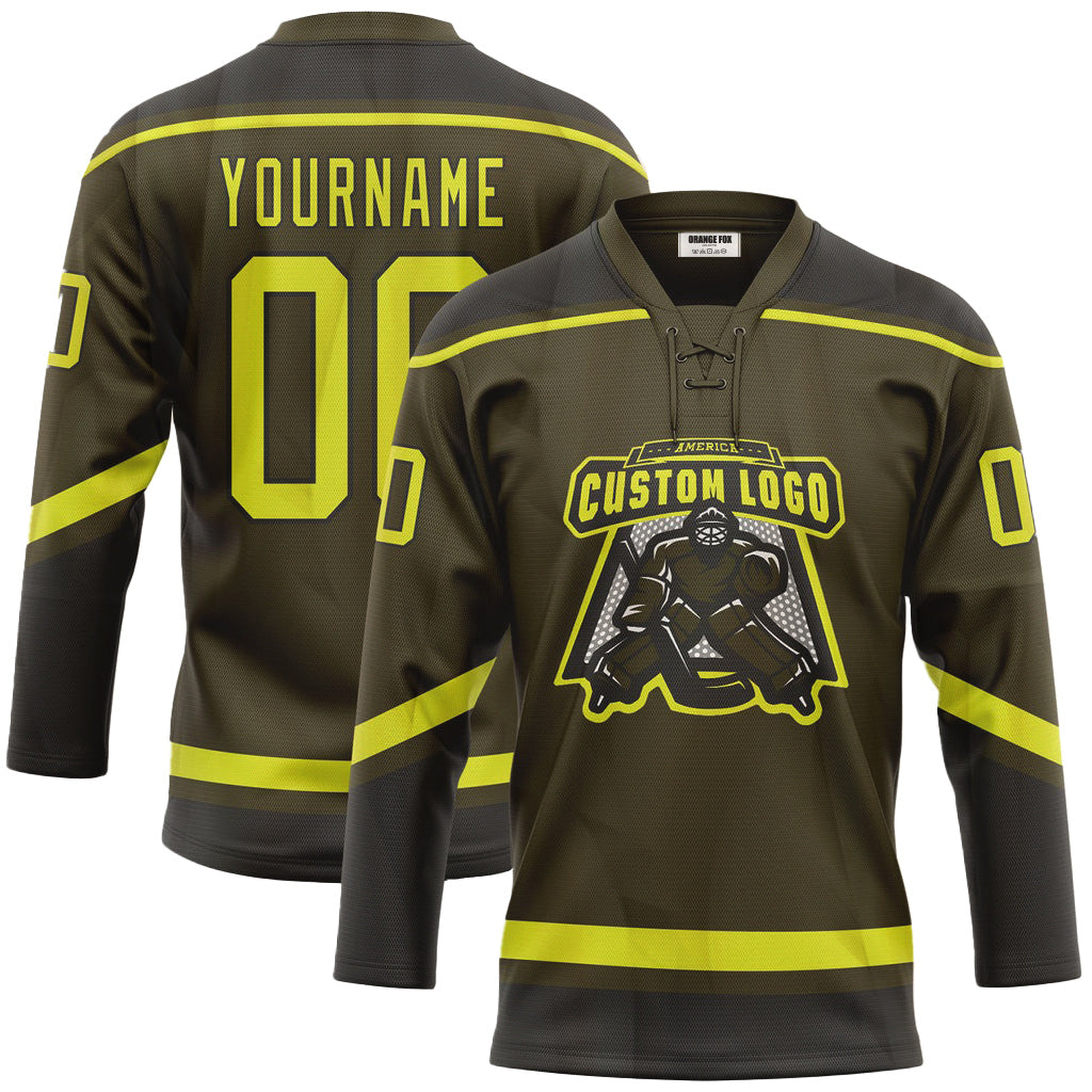 Custom Olive Neon Yellow-Black Salute To Service Neck Hockey Jersey For Men & Women