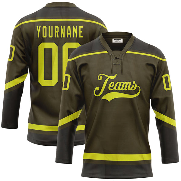 Custom Olive Neon Yellow-Black Salute To Service Neck Hockey Jersey For Men & Women