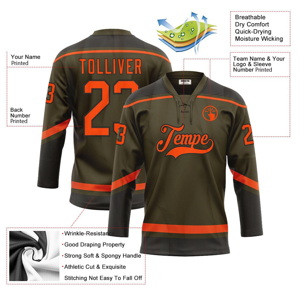 Custom Olive Orange-Black Salute To Service Neck Hockey Jersey For Men & Women