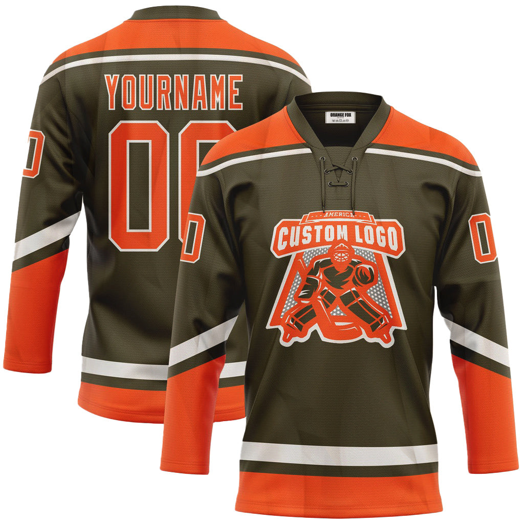 Custom Olive Orange-White Salute To Service Neck Hockey Jersey For Men & Women