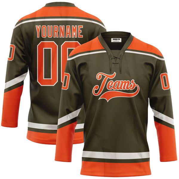 Custom Olive Orange-White Salute To Service Neck Hockey Jersey For Men & Women