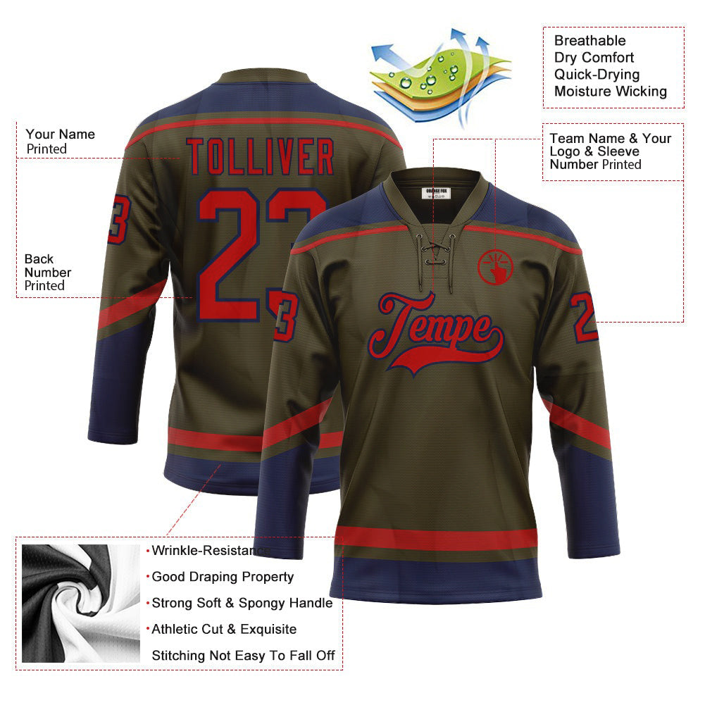 Custom Olive Red-Navy Salute To Service Neck Hockey Jersey For Men & Women