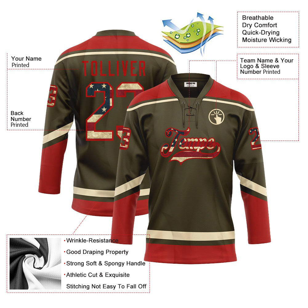 Custom Olive Vintage USA Flag Red-Cream Salute To Service Neck Hockey Jersey For Men & Women