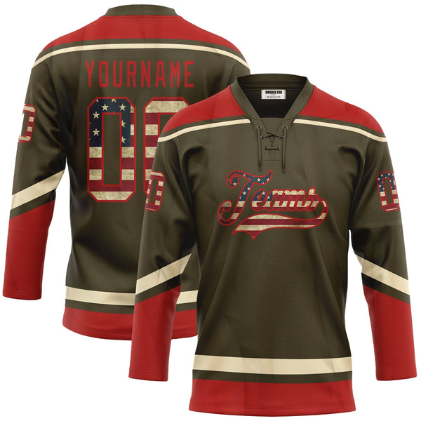 Custom Olive Vintage USA Flag Red-Cream Salute To Service Neck Hockey Jersey For Men & Women