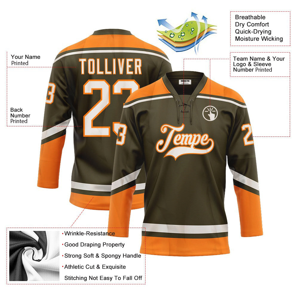 Custom Olive White-Bay Orange Salute To Service Neck Hockey Jersey For Men & Women