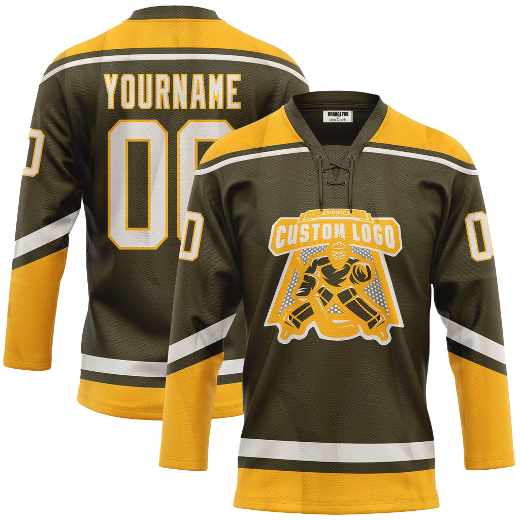 Custom Olive White-Gold Salute To Service Neck Hockey Jersey For Men & Women