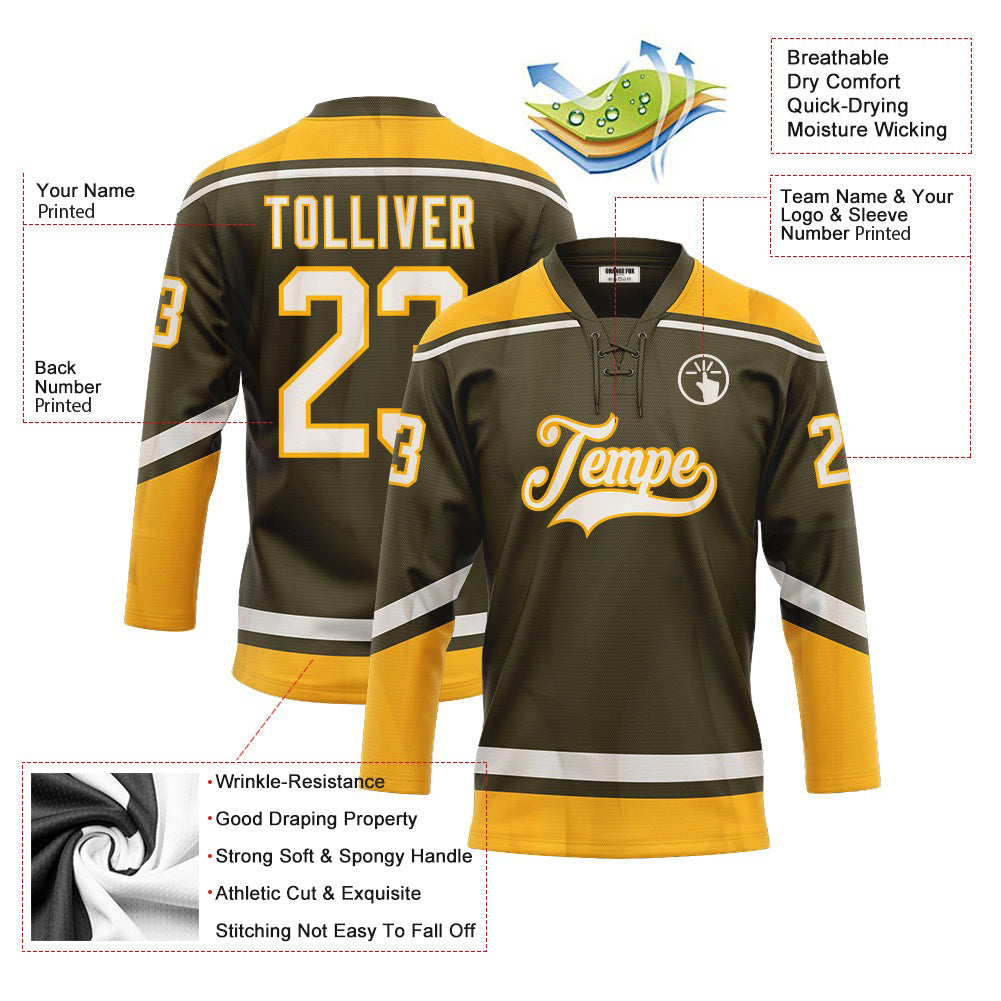 Custom Olive White-Gold Salute To Service Neck Hockey Jersey For Men & Women