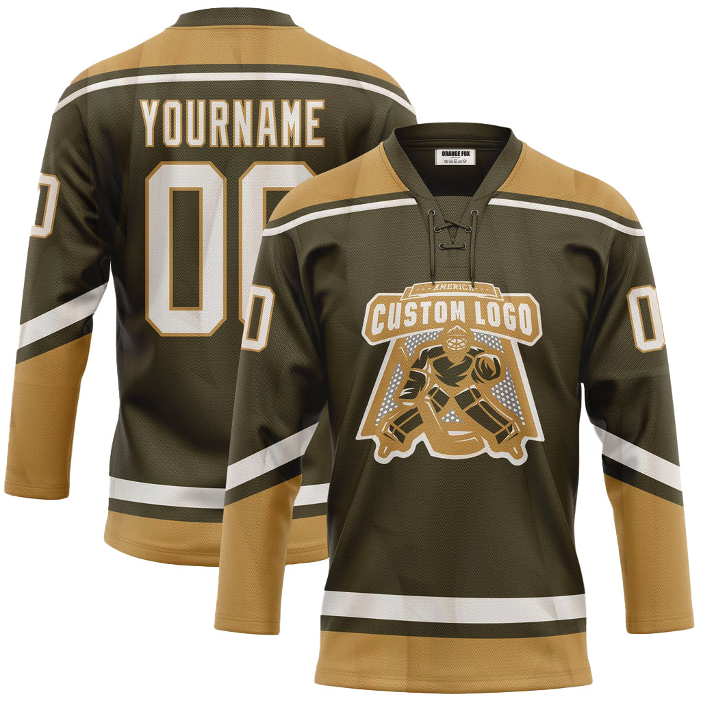 Custom Olive White-Old Gold Salute To Service Neck Hockey Jersey For Men & Women