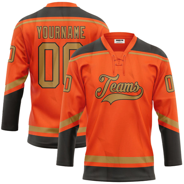 Custom Orange Old Gold-Black Lace Neck Hockey Jersey For Men & Women