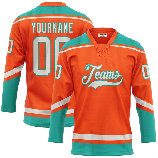 Custom Orange White-Aqua Neck Hockey Jersey For Men & Women