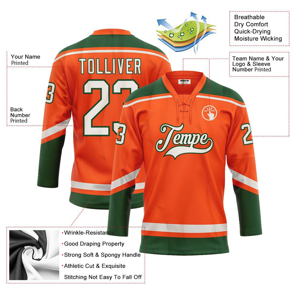 Custom Orange White-Green Neck Hockey Jersey For Men & Women