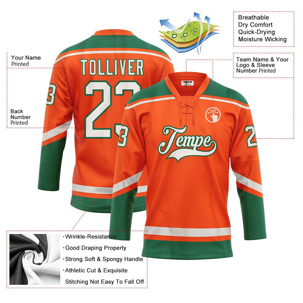 Custom Orange White-Kelly Green Neck Hockey Jersey For Men & Women