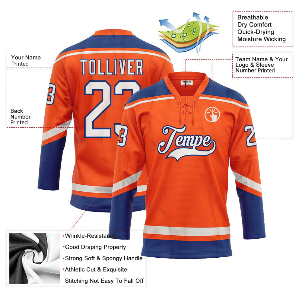 Custom Orange White-Royal Neck Hockey Jersey For Men & Women