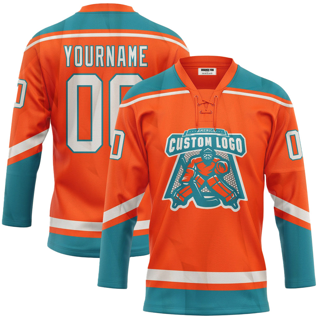 Custom Orange White-Teal Neck Hockey Jersey For Men & Women