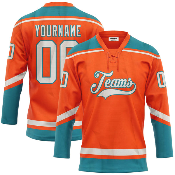 Custom Orange White-Teal Neck Hockey Jersey For Men & Women