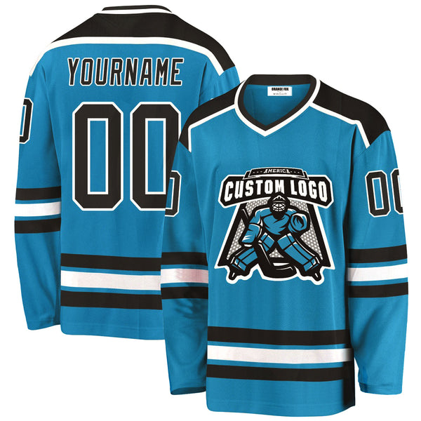 Custom Panther Blue Black-White V Neck Hockey Jersey
