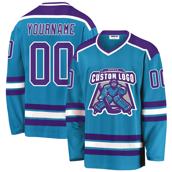 Custom Panther Blue Purple-White V Neck Hockey Jersey For Men & Women
