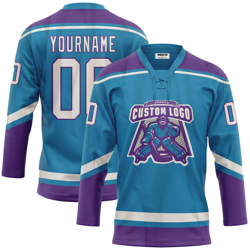 Custom Panther Blue White-Purple Neck Hockey Jersey For Men & Women
