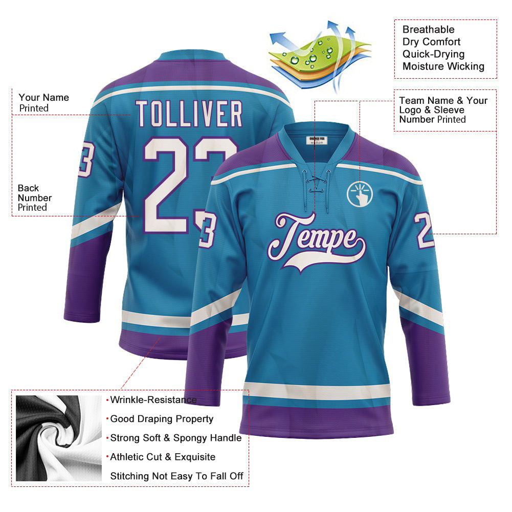 Custom Panther Blue White-Purple Neck Hockey Jersey For Men & Women