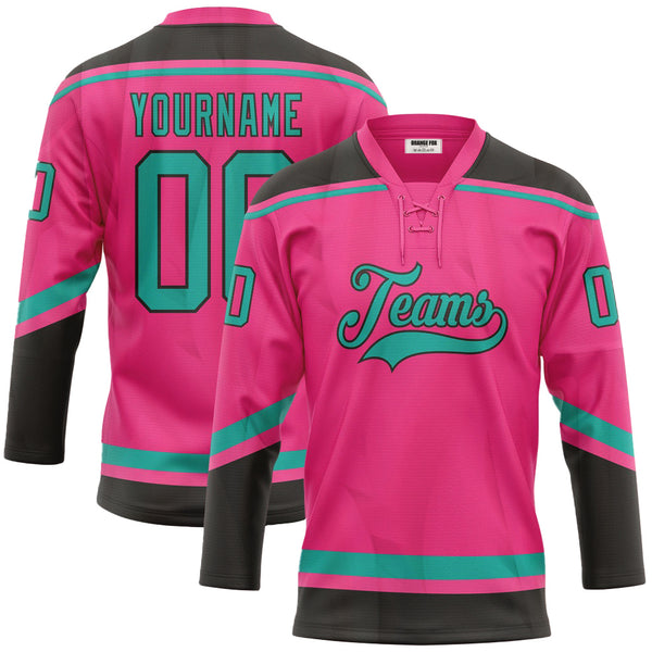 Custom Pink Aqua-Black Neck Hockey Jersey For Men & Women
