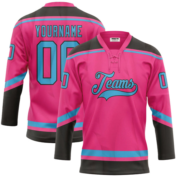 Custom Pink Sky Blue-Black Neck Hockey Jersey For Men & Women