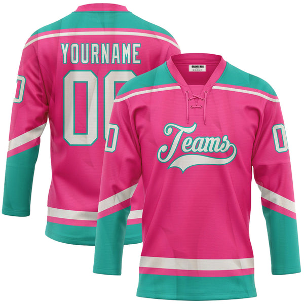 Custom Pink White-Aqua Neck Hockey Jersey For Men & Women