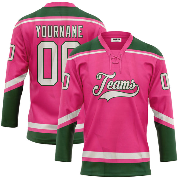 Custom Pink White-Green Neck Hockey Jersey For Men & Women