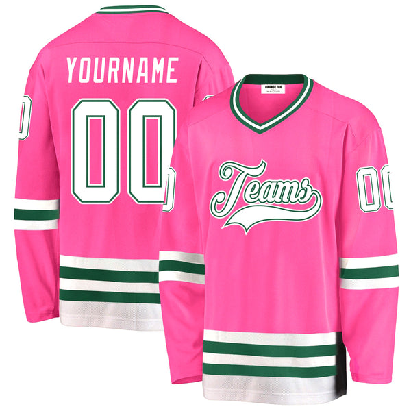 Custom Pink White-Kelly Green V Neck Hockey Jersey For Men & Women