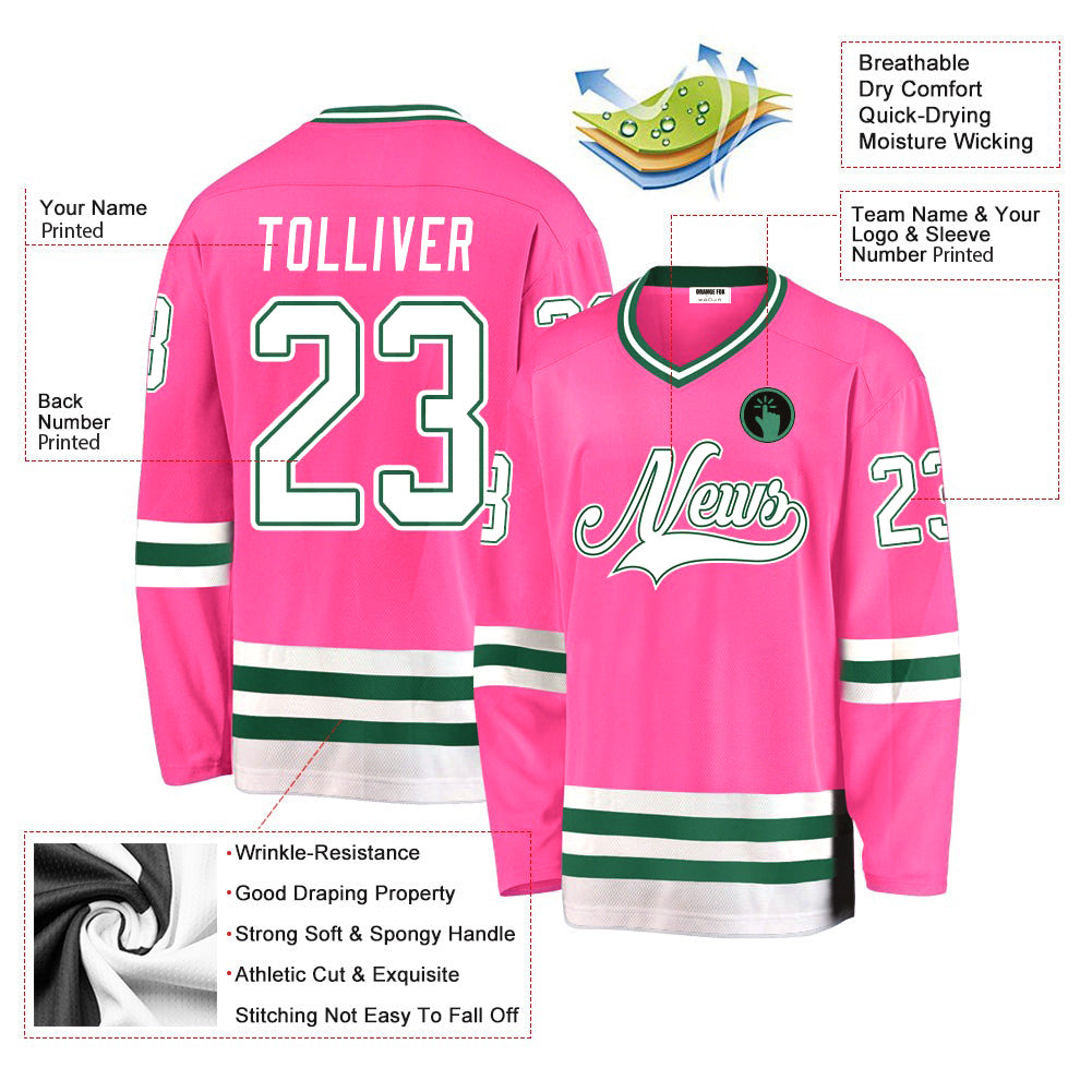 Custom Pink White-Kelly Green V Neck Hockey Jersey For Men & Women