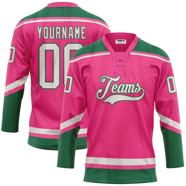 Custom Pink White-Kelly Green Neck Hockey Jersey For Men & Women