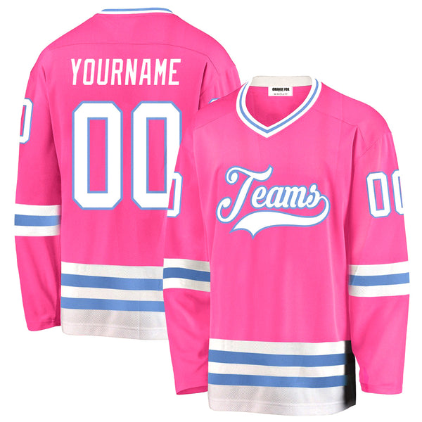 Custom Pink White-Light Blue V Neck Hockey Jersey For Men & Women