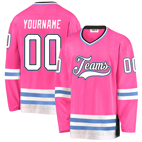 Custom Pink White-Light Blue V Neck Hockey Jersey For Men & Women