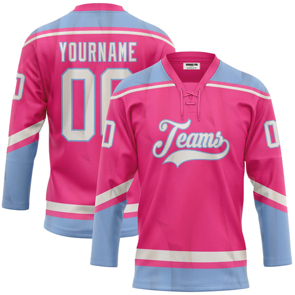 Custom Pink White-Light Blue Neck Hockey Jersey For Men & Women