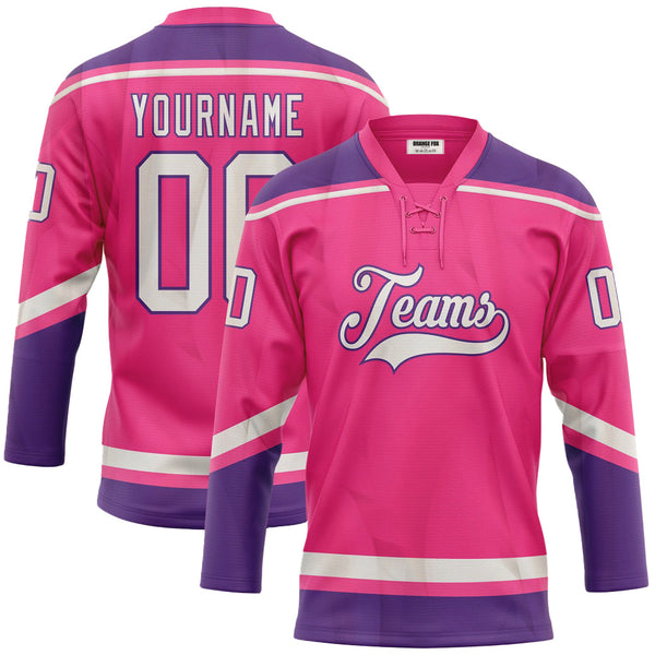 Custom Pink White-Purple Neck Hockey Jersey For Men & Women
