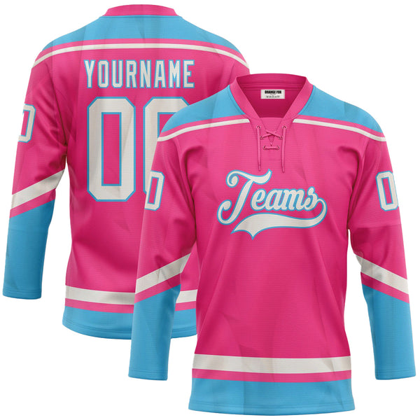 Custom Pink White-Sky Blue Neck Hockey Jersey For Men & Women