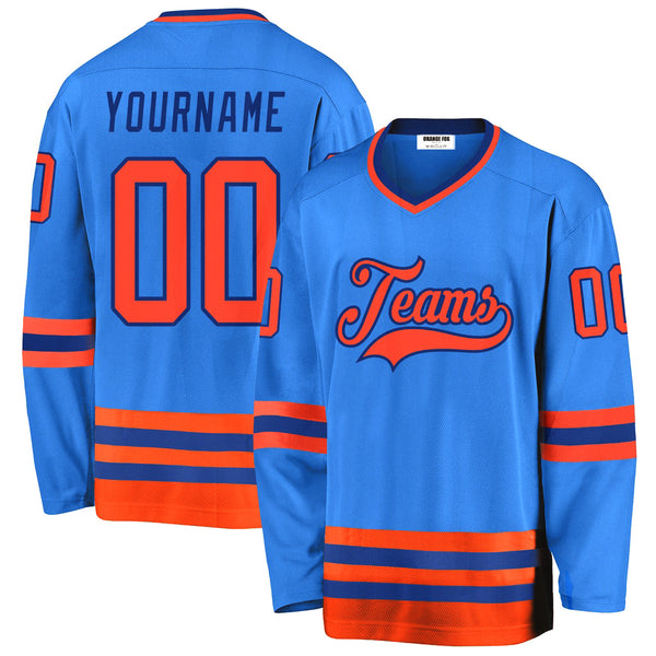 Custom Powder Blue Orange-Royal V Neck Hockey Jersey For Men & Women