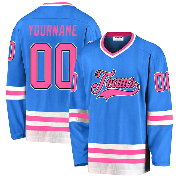 Custom Powder Blue Pink-Black V Neck Hockey Jersey For Men & Women