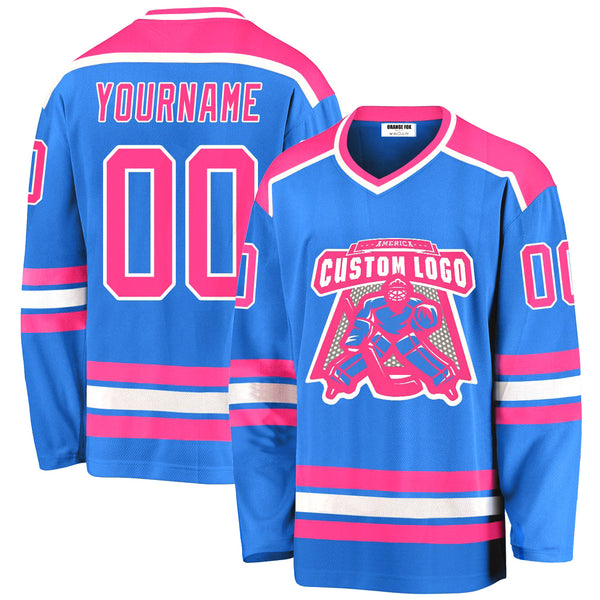 Custom Powder Blue Pink-White V Neck Hockey Jersey For Men & Women