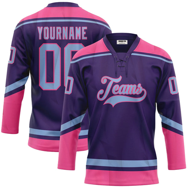 Custom Purple Light Blue-Pink Neck Hockey Jersey For Men & Women