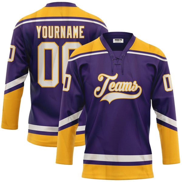 Custom Purple White-Gold Neck Hockey Jersey For Men & Women