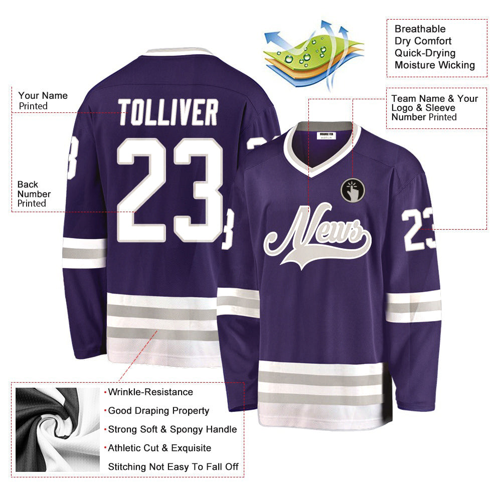 Custom Purple White-Gray V Neck Hockey Jersey For Men & Women