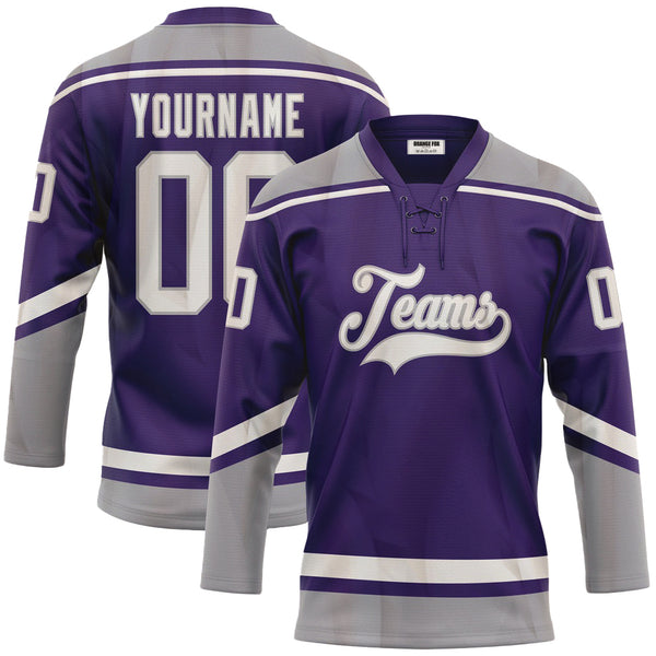 Custom Purple White-Gray Neck Hockey Jersey For Men & Women