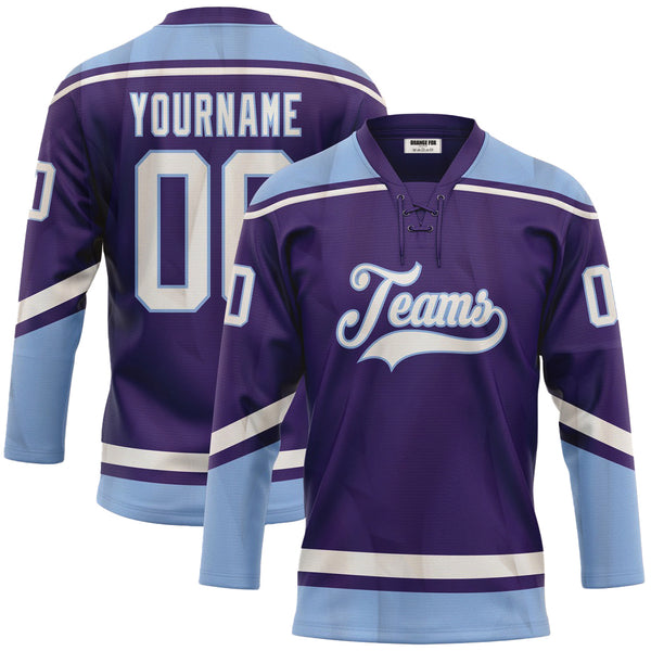 Custom Purple White-Light Blue Neck Hockey Jersey For Men & Women