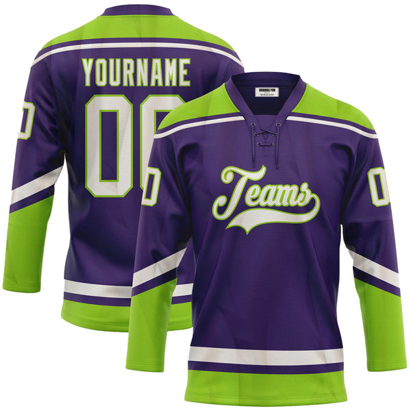 Custom Purple White-Neon Green Neck Hockey Jersey For Men & Women