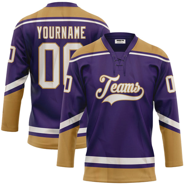 Custom Purple White-Old Gold Neck Hockey Jersey For Men & Women