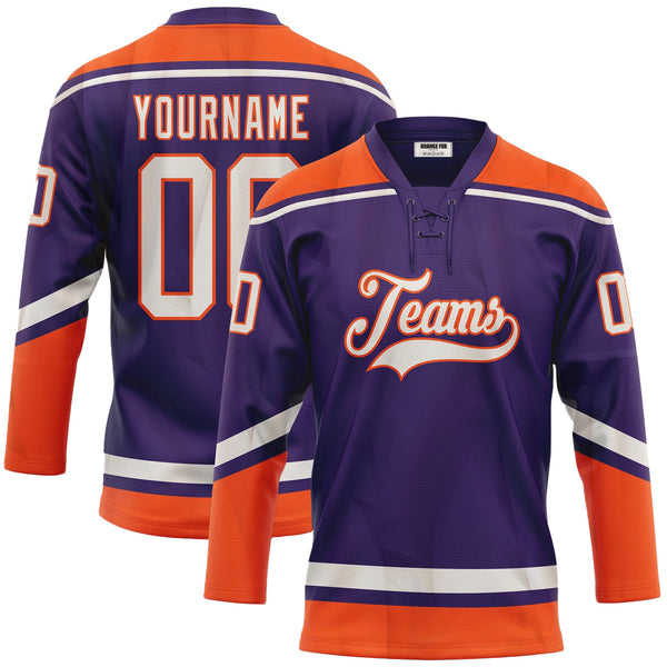 Custom Purple White-Orange Neck Hockey Jersey For Men & Women