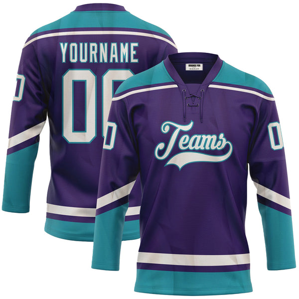 Custom Purple White-Teal Neck Hockey Jersey For Men & Women